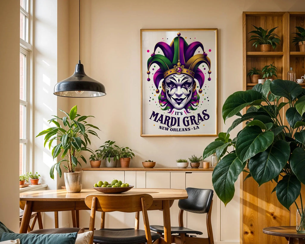 Positive Emotion | Mardi Gras Wall Art | Jester Mask Illustration | New Orleans Carnival Poster wall art print, modern home decor, unframed artwork by Nomad & Nest