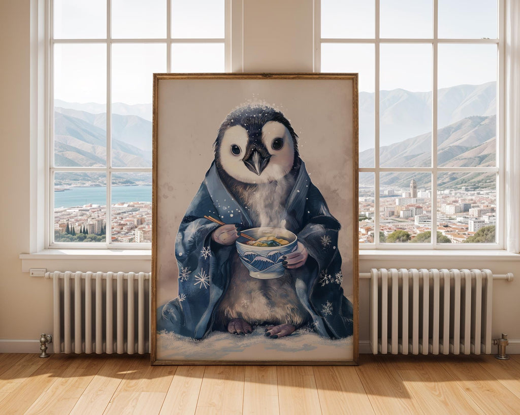 Penguin Ramen Art Print | Kimono Animal Wall Decor wall art print, modern home decor, unframed artwork by Nomad & Nest