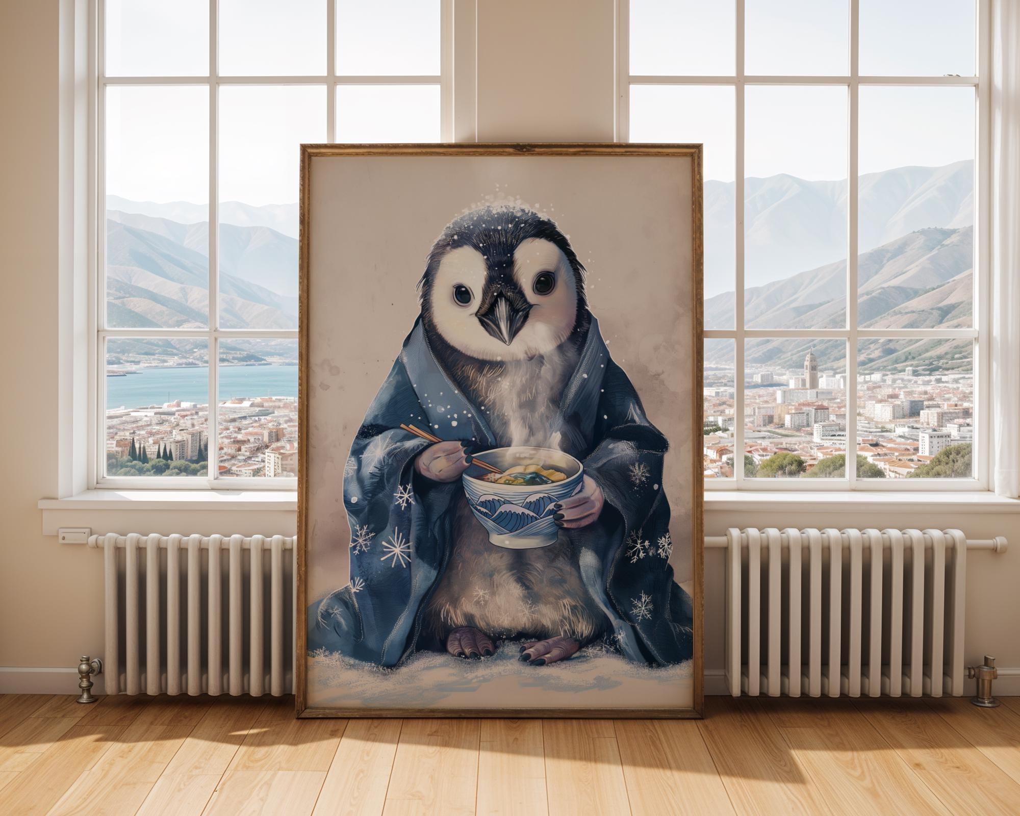 Penguin Ramen Art Print | Kimono Animal Wall Decor wall art print, modern home decor, unframed artwork by Nomad & Nest