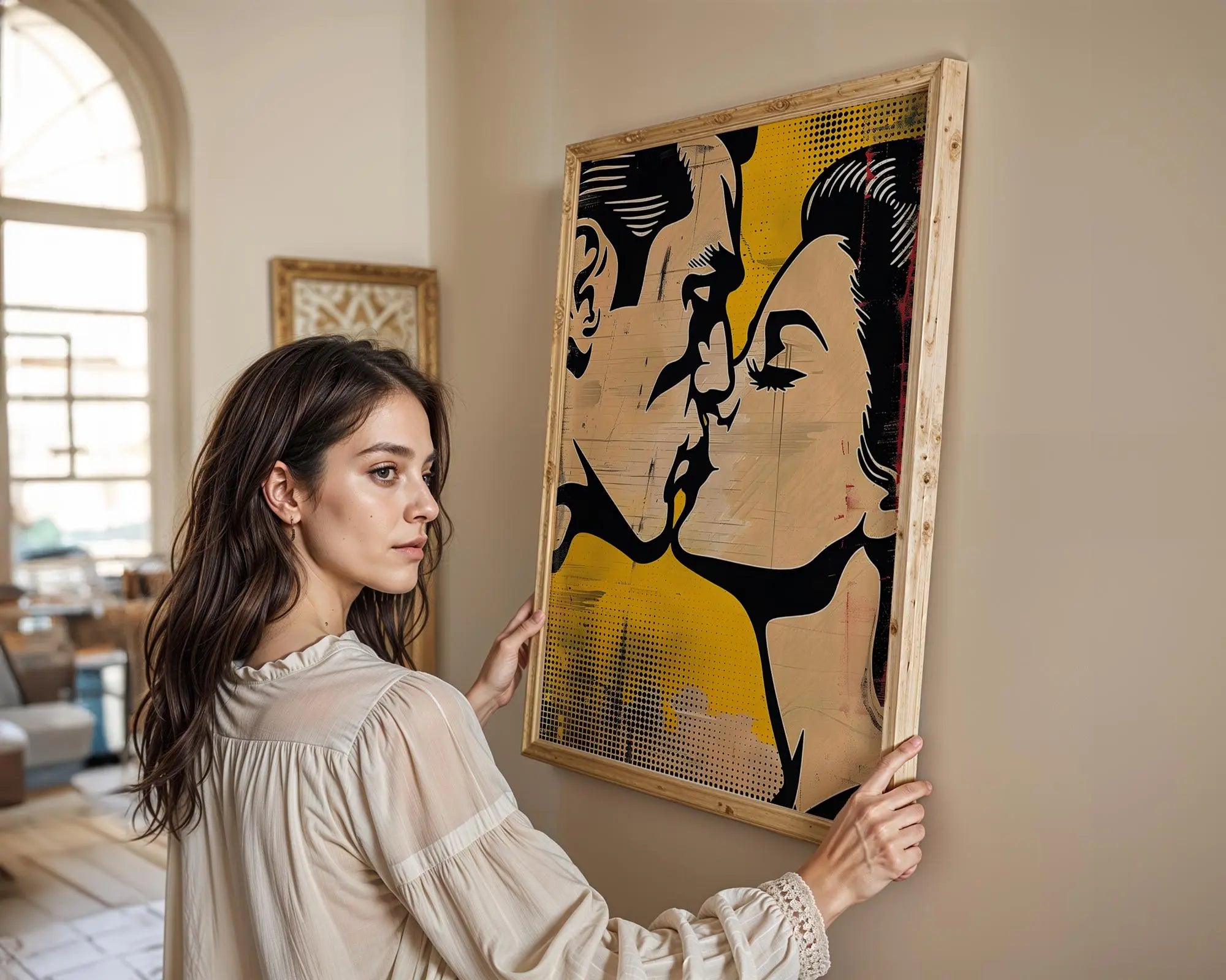 Modern Pop Art | Retro  Kiss Print | Yellow and Black Comic Book Style wall art print, modern home decor, unframed artwork by Nomad & Nest