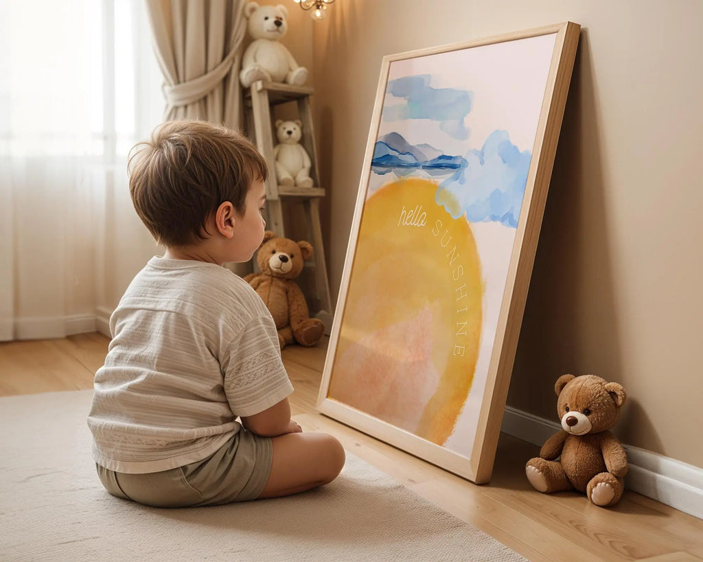 Playroom Ideas | Hello Sunshine Nursery Print | Warm Watercolour Wall Art wall art print, modern home decor, unframed artwork by Nomad & Nest