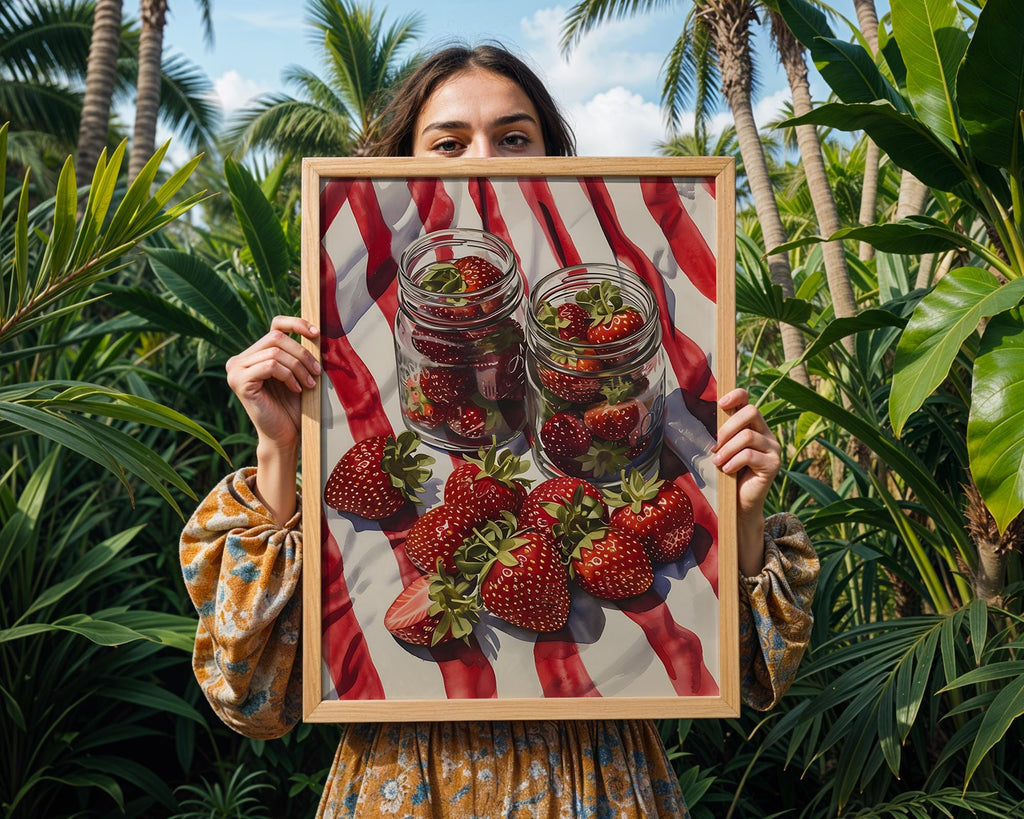 Colourful Prints | Strawberry Still Life Art Print | Summer Fruit Kitchen Decor wall art print, modern home decor, unframed artwork by Nomad & Nest