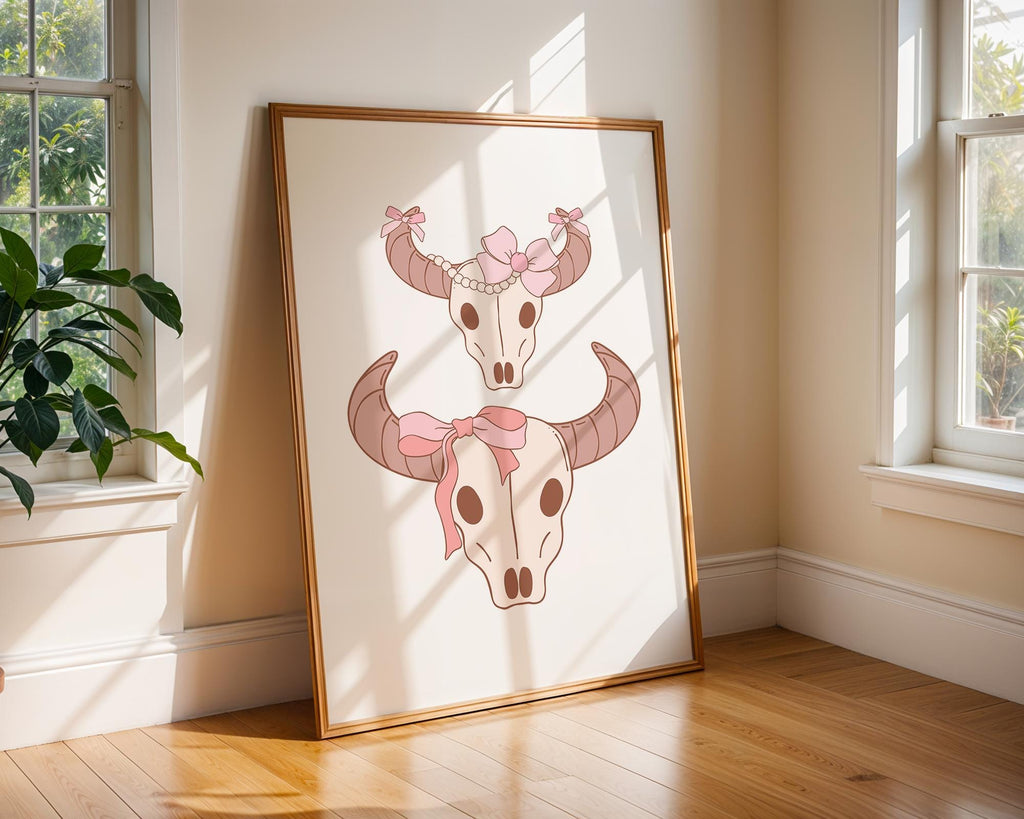 Girly Bull Skull Pair Print | Pink Bow Western Wall Art wall art print, modern home decor, unframed artwork by Nomad & Nest