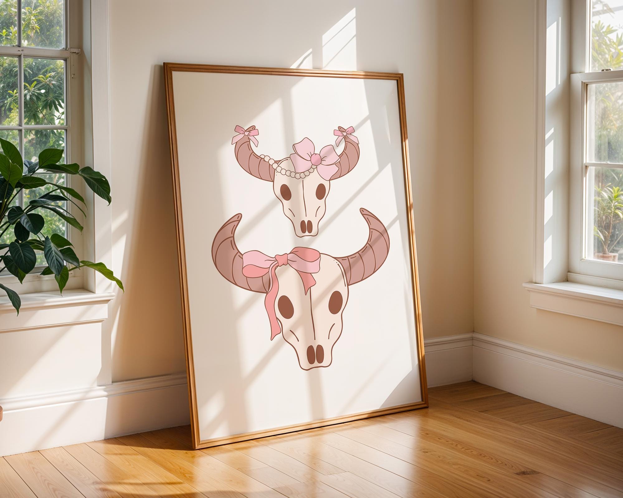 Girly Bull Skull Pair Print | Pink Bow Western Wall Art wall art print, modern home decor, unframed artwork by Nomad & Nest