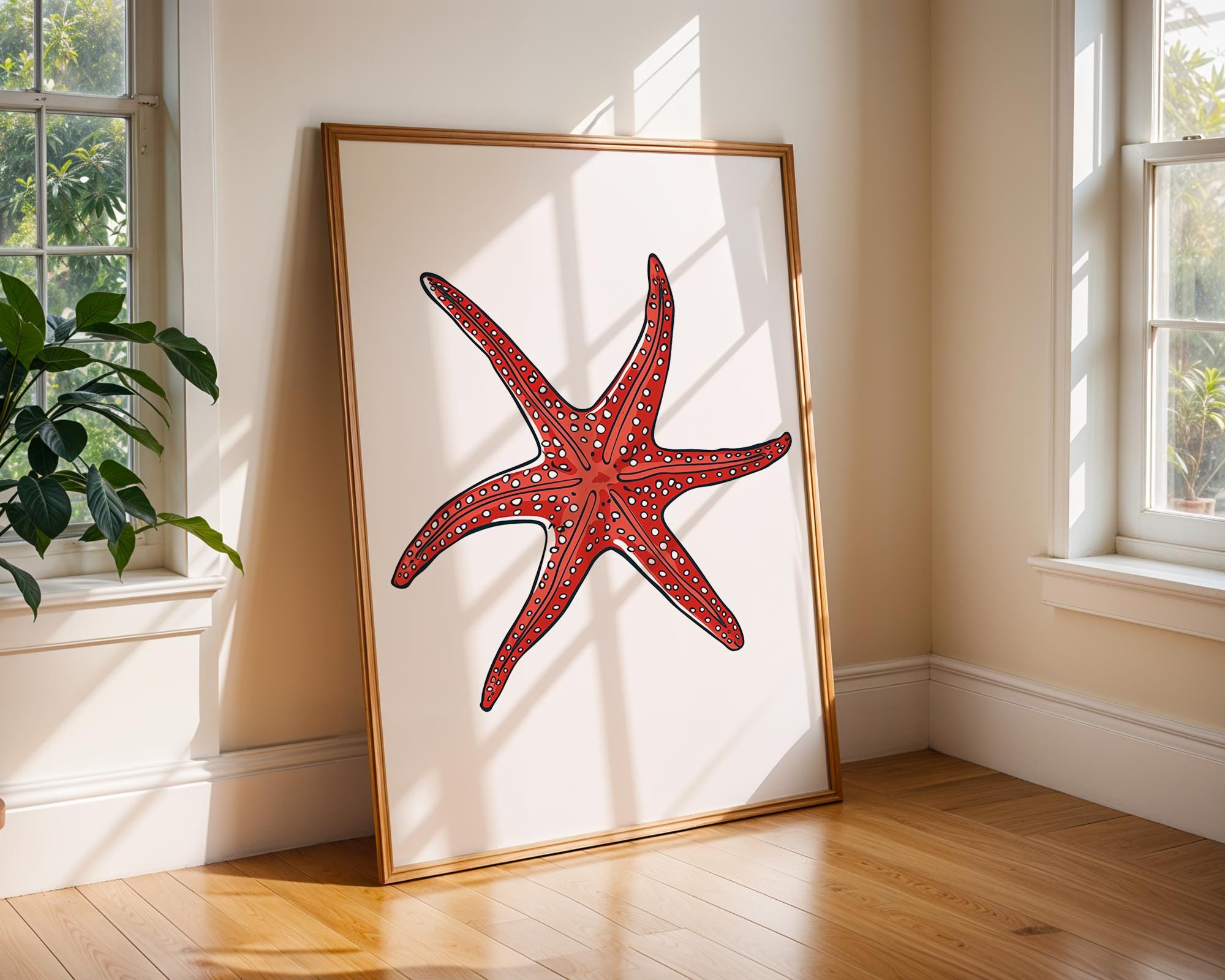 Bright Red Starfish Print, Coastal Sea Life Poster wall art print, modern home decor, unframed artwork by Nomad & Nest