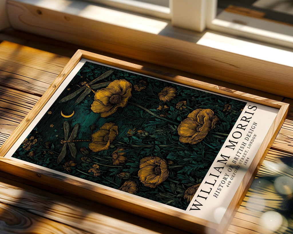 William Morris Print Floral Art  • Golden Dragonflies & Poppies Poster wall art print, modern home decor, unframed artwork by Nomad & Nest