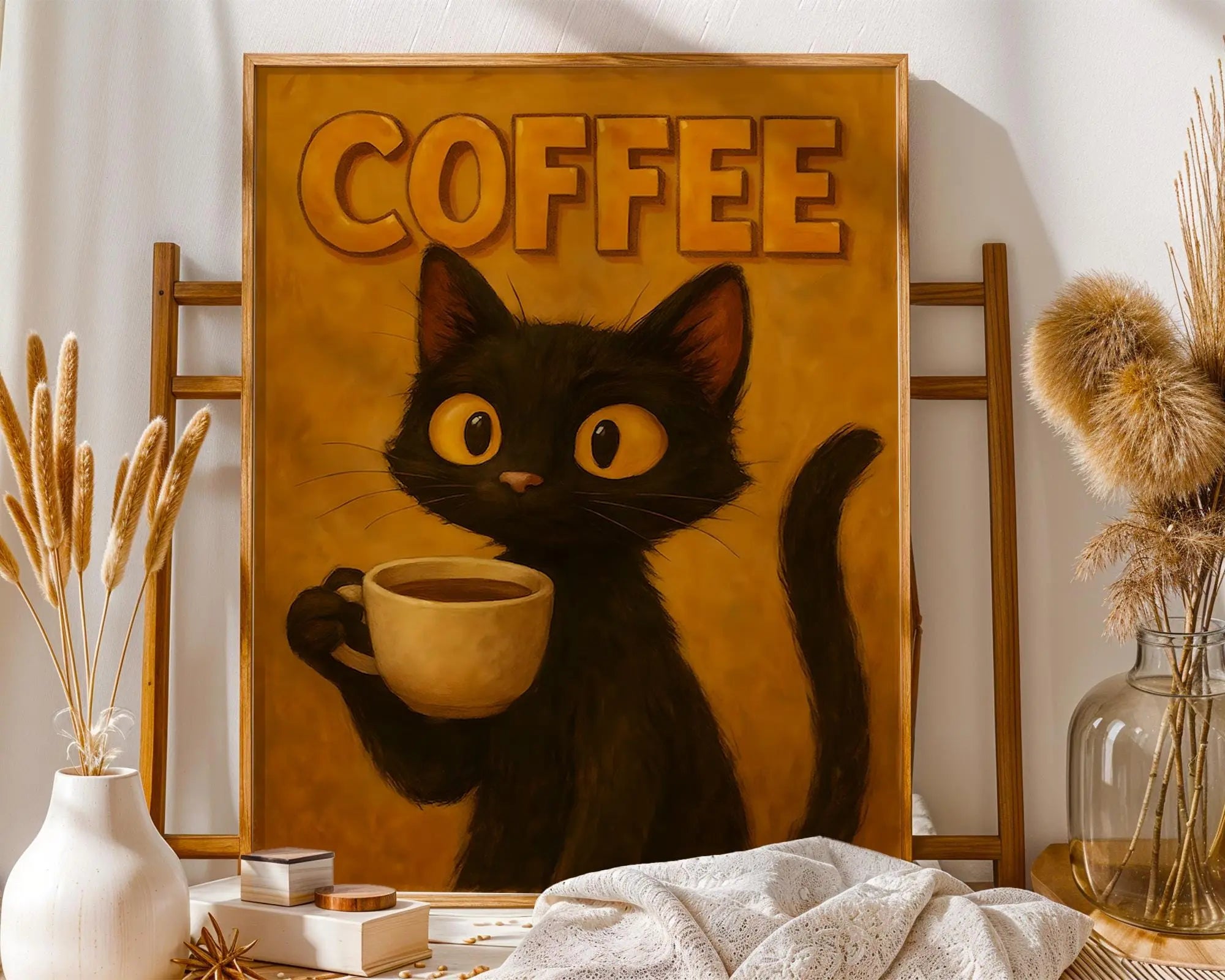 Coffee Cat Art Print | Vintage Style Whimsical Wall Decor wall art print, modern home decor, unframed artwork by Nomad & Nest