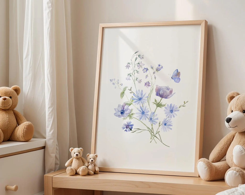 Playroom Ideas | Blue Meadow Flowers Nursery Print | Soft Botanical Wall Art wall art print, modern home decor, unframed artwork by Nomad & Nest