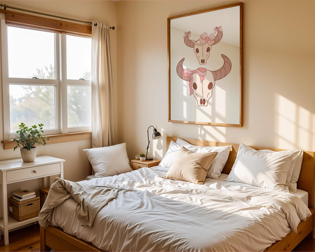 Girly Bull Skull Pair Print | Pink Bow Western Wall Art wall art print, modern home decor, unframed artwork by Nomad & Nest