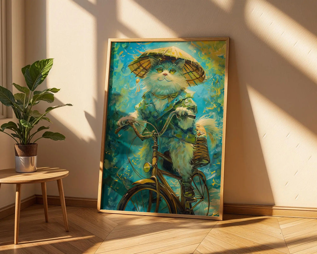 Cat on Bicycle Art Print | Oriental Feline Poster, Blue & Yellow wall art print, modern home decor, unframed artwork by Nomad & Nest