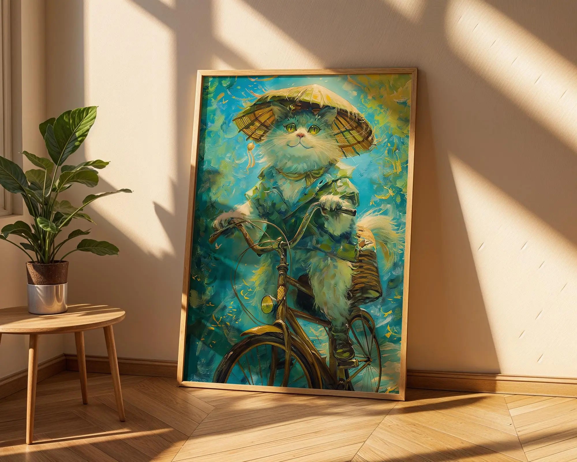 Cat on Bicycle Art Print | Oriental Feline Poster, Blue & Yellow wall art print, modern home decor, unframed artwork by Nomad & Nest