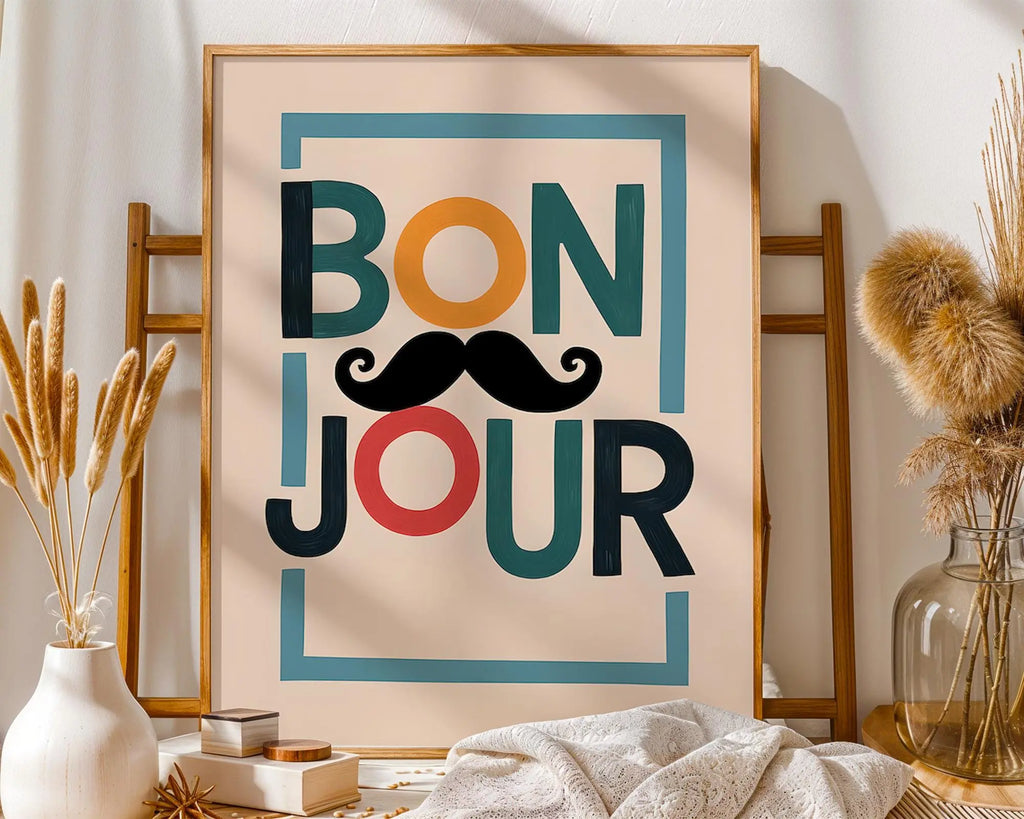 Positive Emotion | Bonjour Typography Wall Art | Playful Mustache Print | Modern French Quote Decor wall art print, modern home decor, unframed artwork by Nomad & Nest
