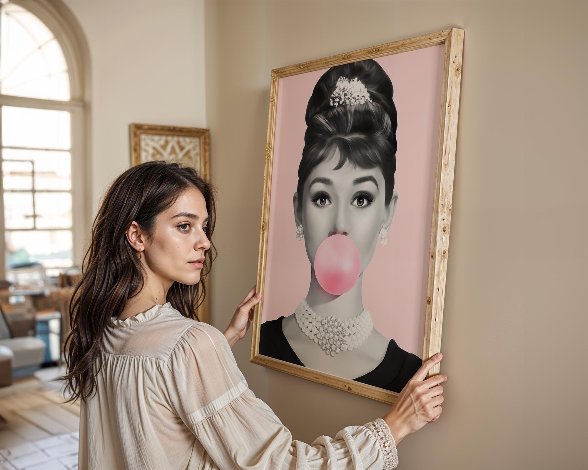 Modern Pop Art | Audrey Hepburn Bubblegum  Print | Elegant Hollywood Poster wall art print, modern home decor, unframed artwork by Nomad & Nest