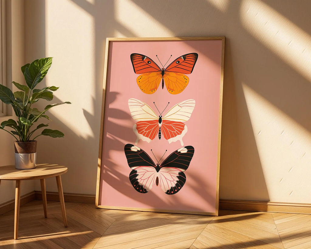 Butterflies Trio Art Print | Modern Insect Illustration, Pink Background wall art print, modern home decor, unframed artwork by Nomad & Nest