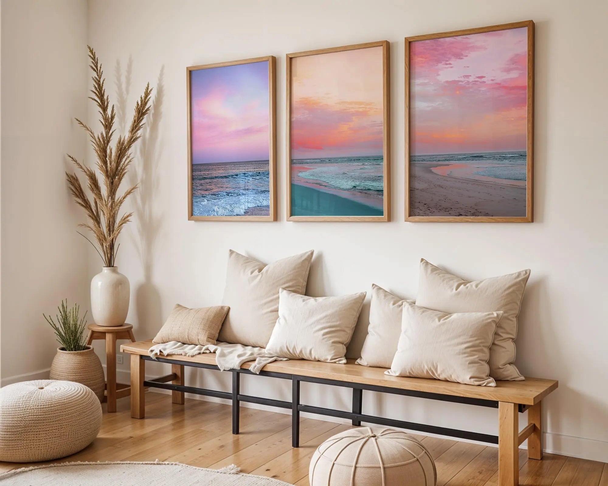 Colourful Prints | Pink Sunset Ocean Photography Print Set, Coastal Living Room Decor wall art print, modern home decor, unframed artwork by Nomad & Nest