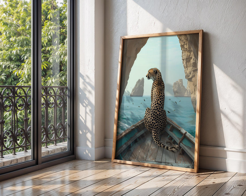 Colourful Prints | Cheetah on Boat Art Print | Coastal Safari Wall Decor wall art print, modern home decor, unframed artwork by Nomad & Nest