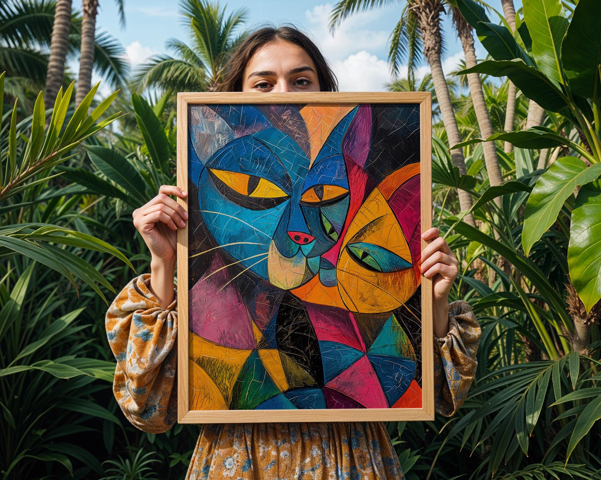 Cubist Cat Art Print | Colourful Geometric Feline Home Decor wall art print, modern home decor, unframed artwork by Nomad & Nest
