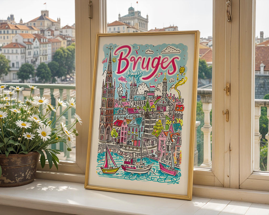 Bruges Belgium Art Print | Colorful Canal City Illustration wall art print, modern home decor, unframed artwork by Nomad & Nest