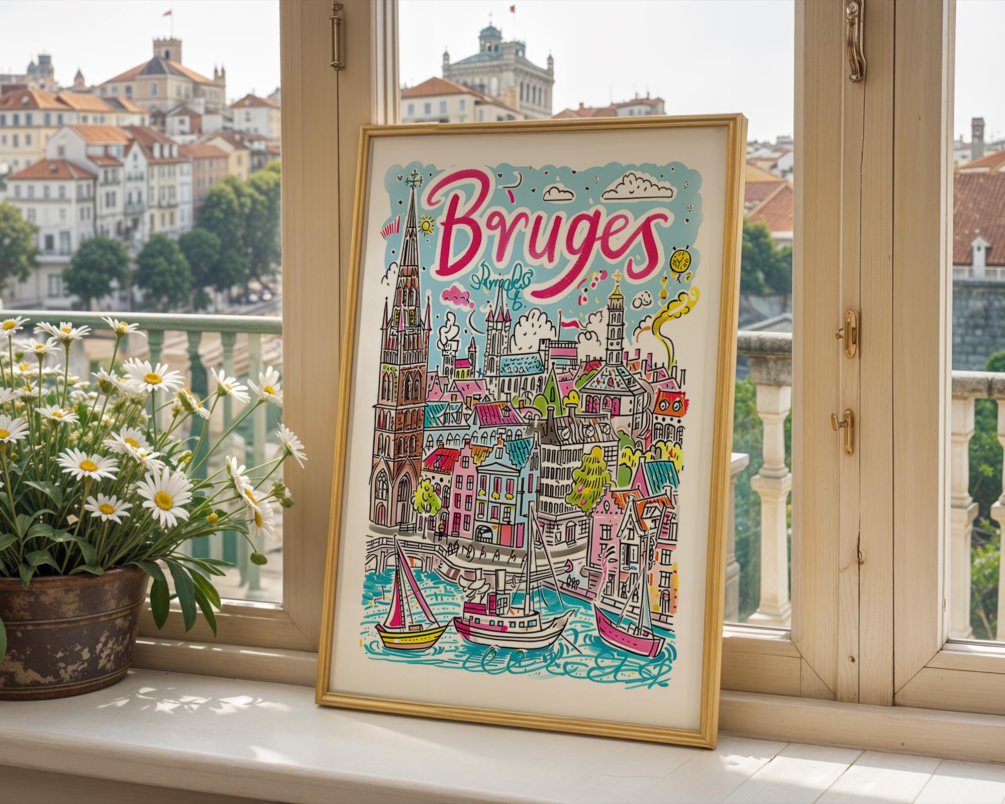 Bruges Belgium Art Print | Colorful Canal City Illustration wall art print, modern home decor, unframed artwork by Nomad & Nest