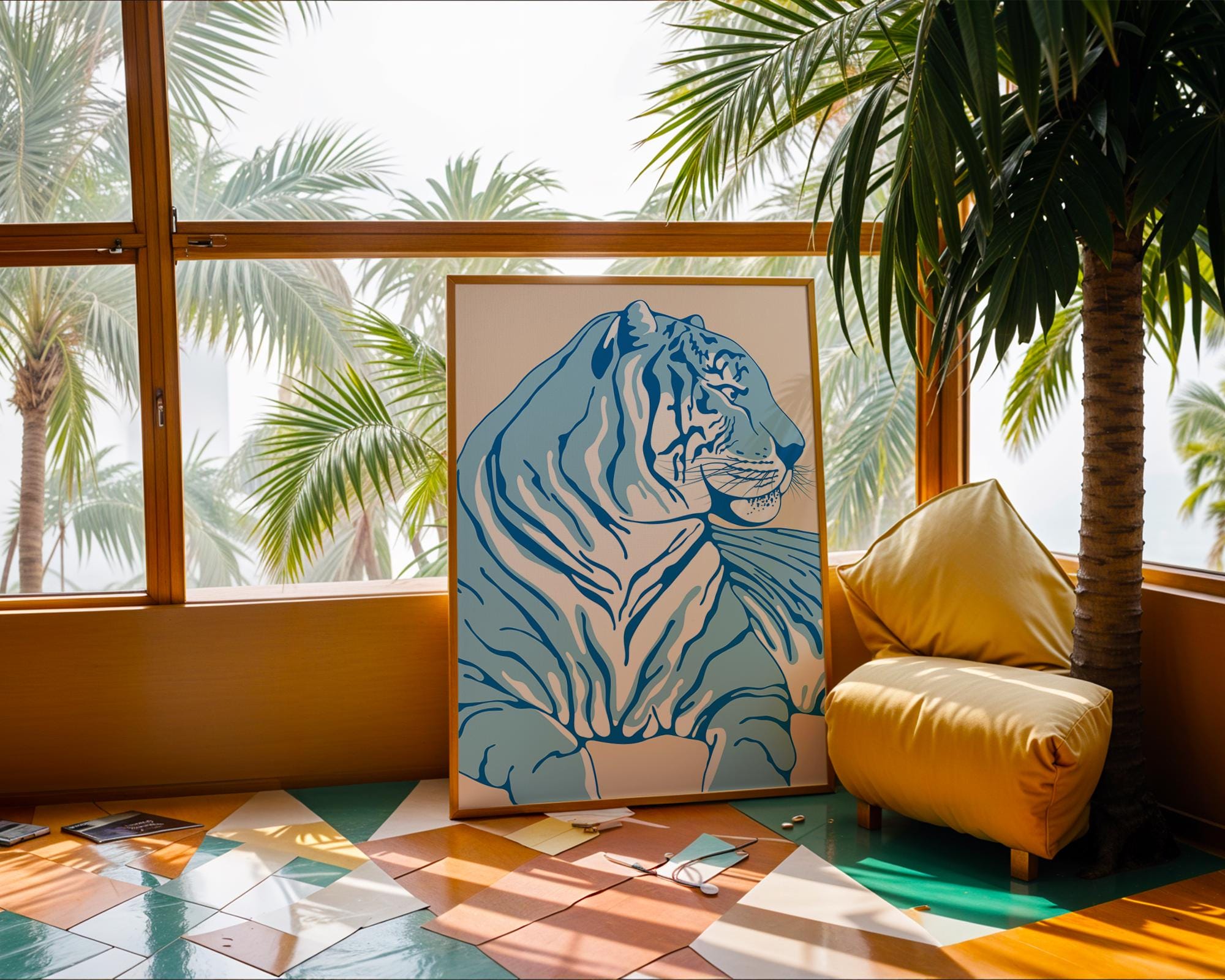 Blue Tiger Art Print | Minimalist Jungle Animal Poster wall art print, modern home decor, unframed artwork by Nomad & Nest