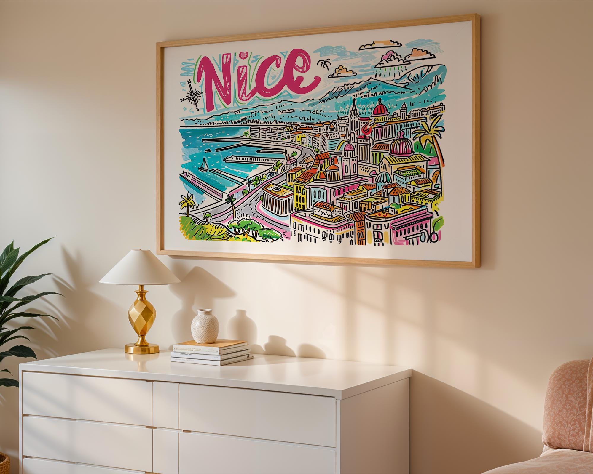Nice France Travel Poster | Colorful Promenade des Anglais Art Print wall art print, modern home decor, unframed artwork by Nomad & Nest