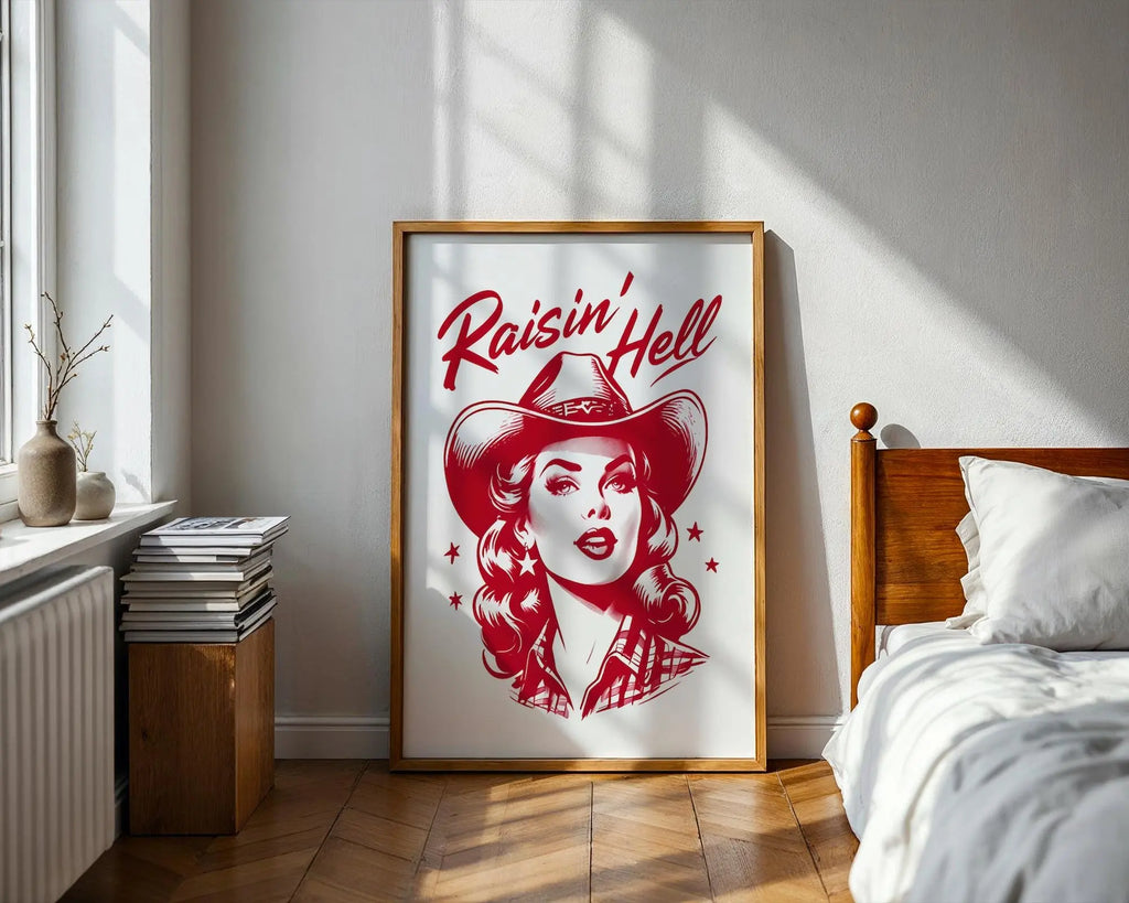 Positive Emotion | Raisin’ Hell Cowgirl Retro Art Print | Western Pin Up Cowgirl Wall Art wall art print, modern home decor, unframed artwork by Nomad & Nest