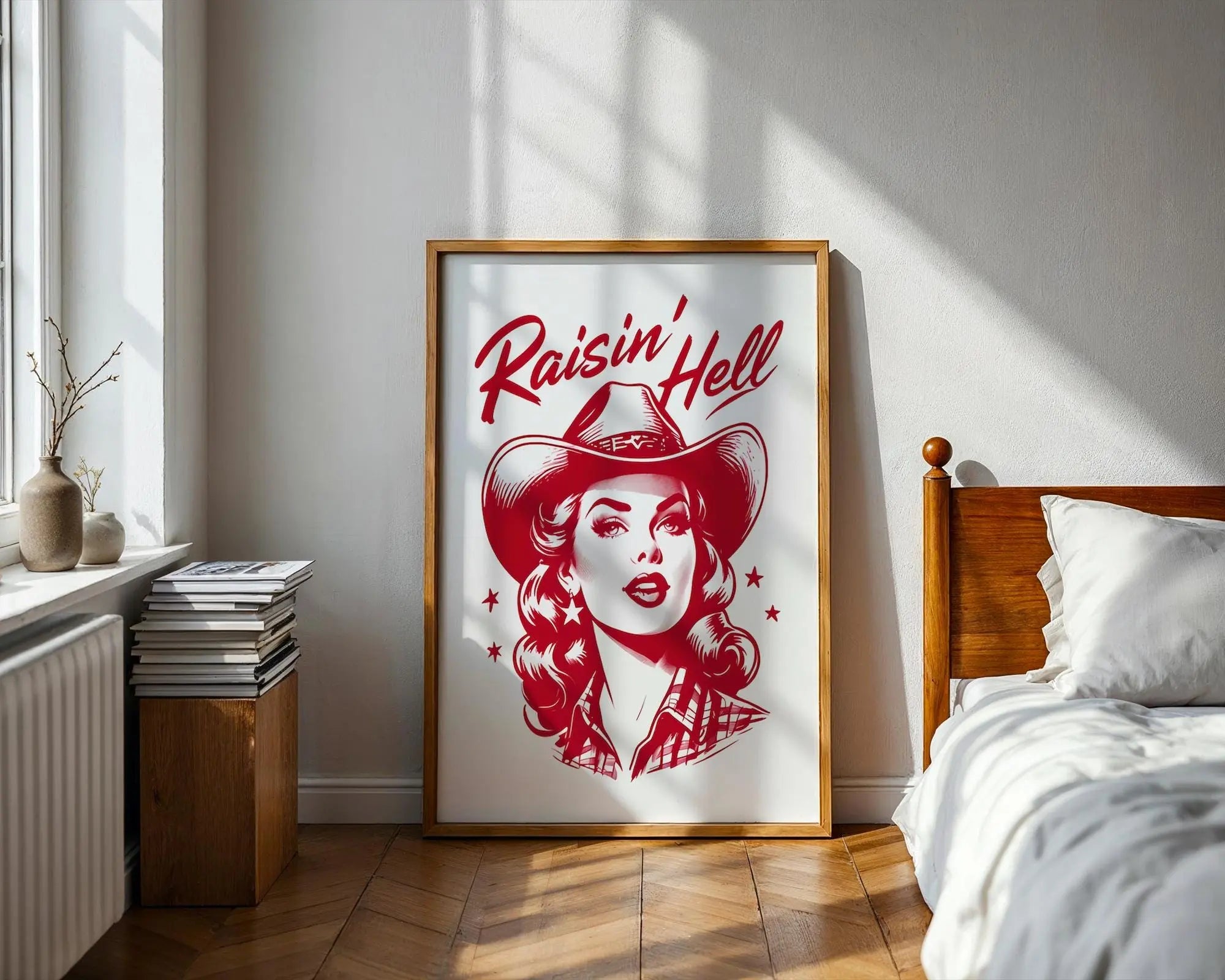 Positive Emotion | Raisin’ Hell Cowgirl Retro Art Print | Western Pin Up Cowgirl Wall Art wall art print, modern home decor, unframed artwork by Nomad & Nest