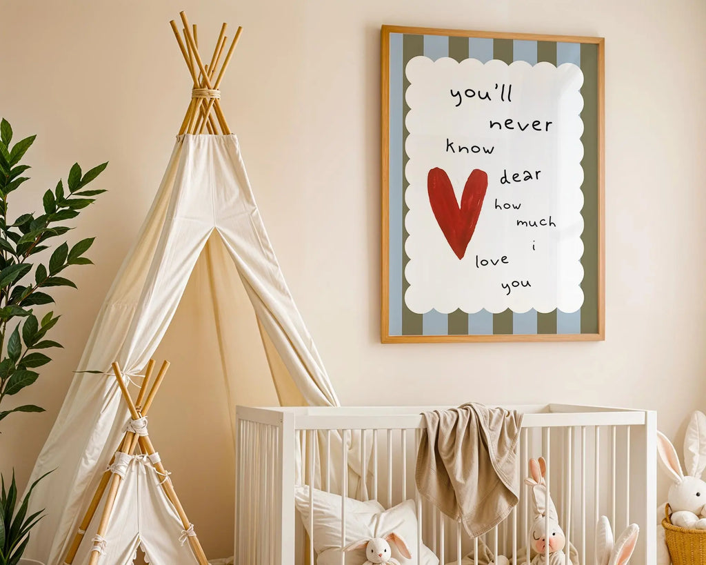 Playroom Ideas | Never Know How Much Love Nursery Wall Art | Heart Quote Print wall art print, modern home decor, unframed artwork by Nomad & Nest
