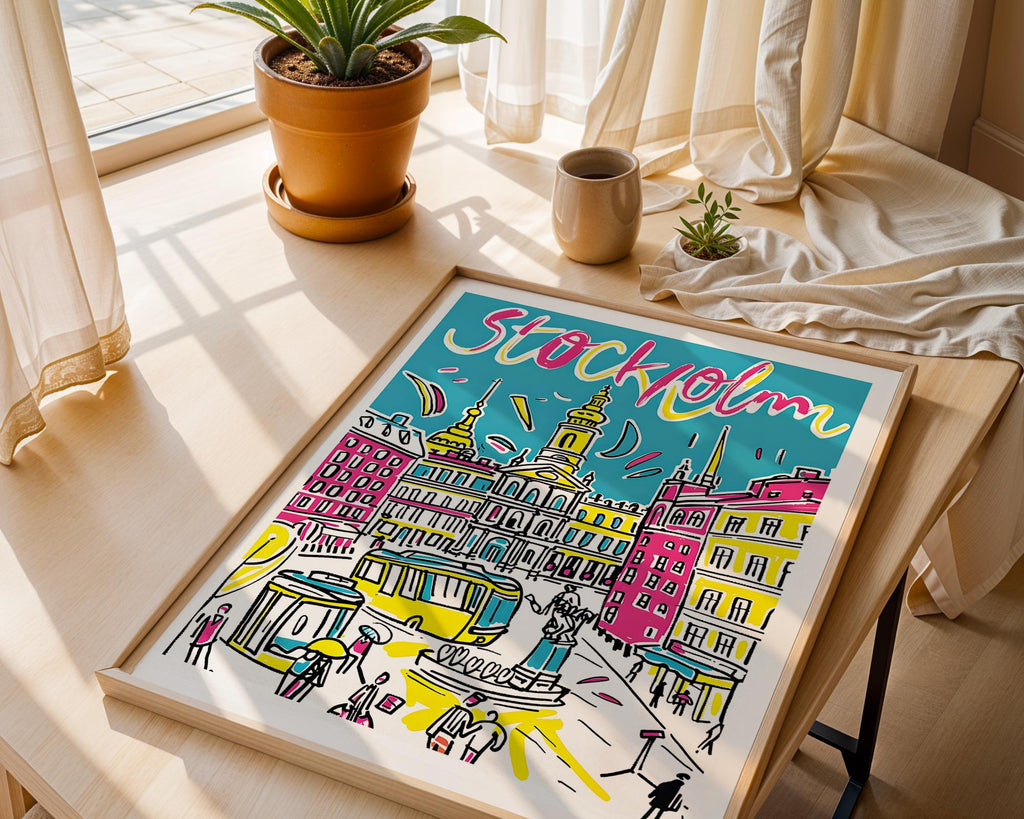 Stockholm Sweden Poster | Colorful Hand-Drawn Cityscape Art Print wall art print, modern home decor, unframed artwork by Nomad & Nest