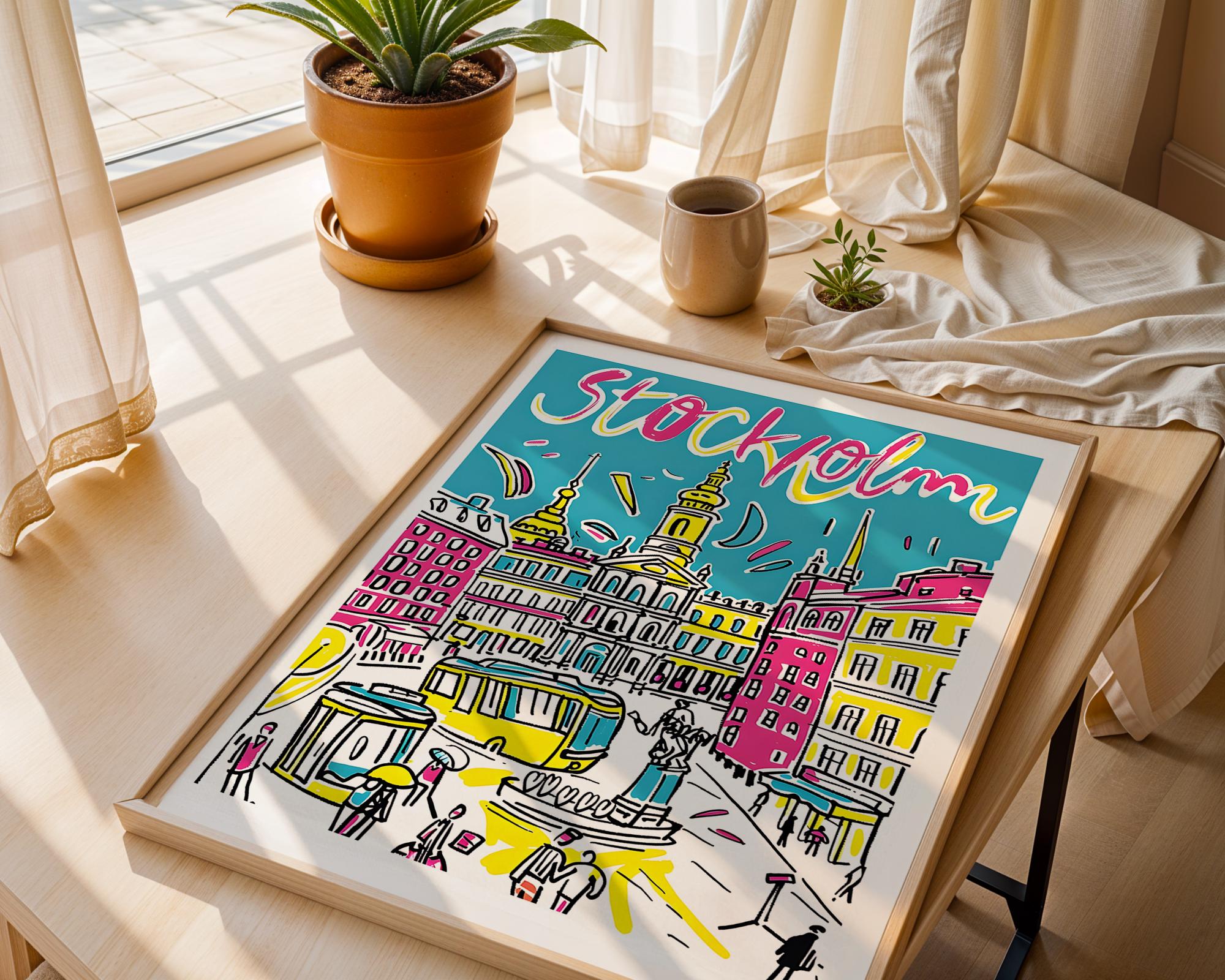 Stockholm Sweden Poster | Colorful Hand-Drawn Cityscape Art Print wall art print, modern home decor, unframed artwork by Nomad & Nest
