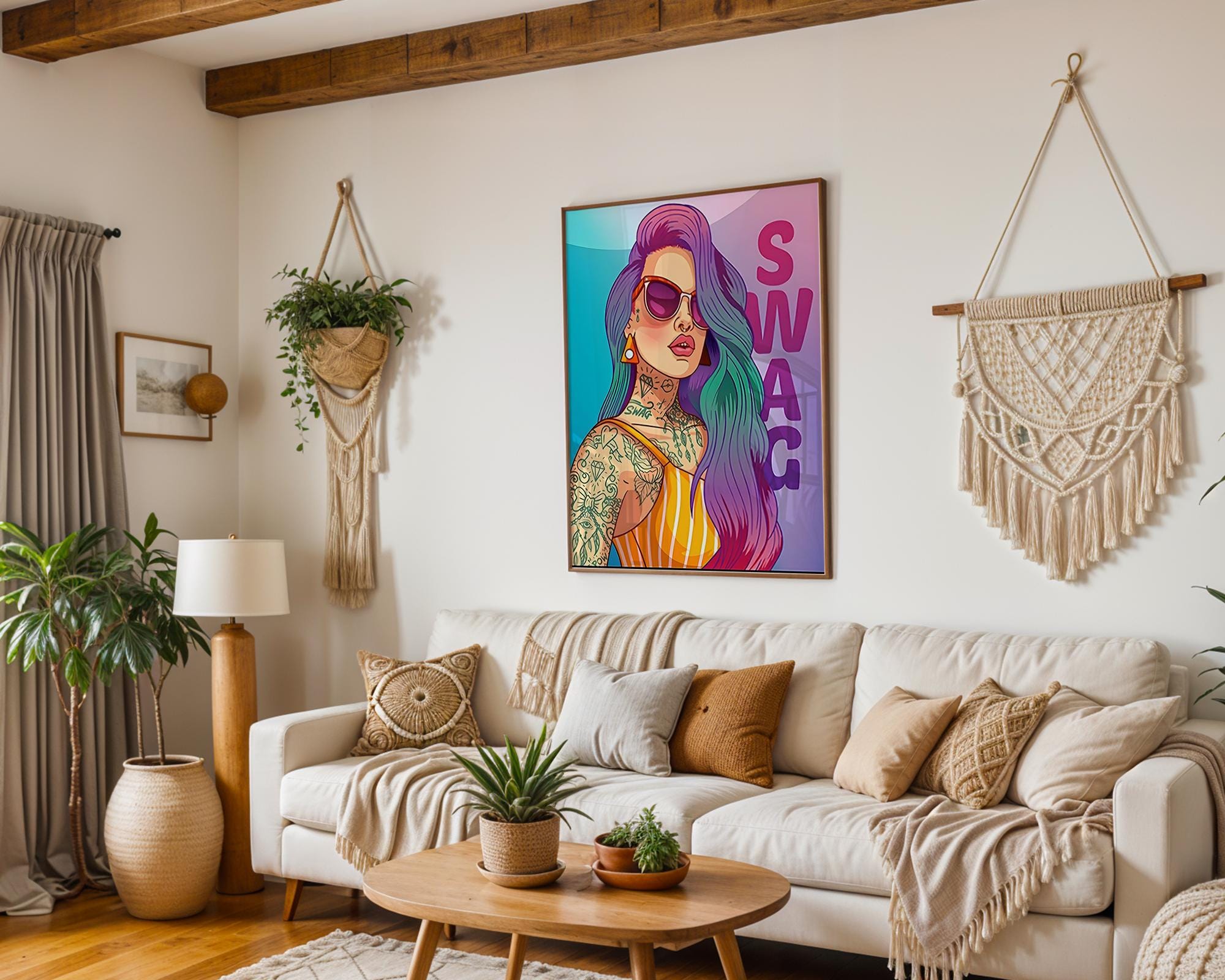 Modern Pop Art | Swag Girl  Print | Rainbow Hair, Tattoo Street wall art print, modern home decor, unframed artwork by Nomad & Nest