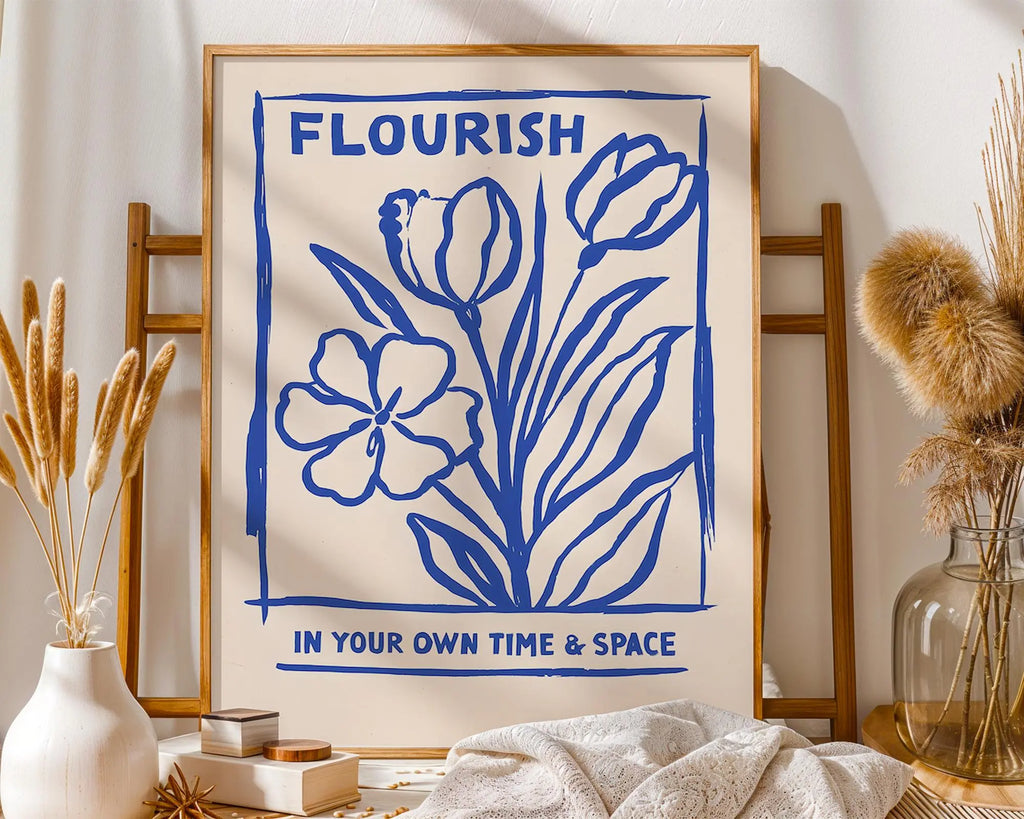 Blue Botanical Line Art Print – Modern Floral Wall Decor wall art print, modern home decor, unframed artwork by Nomad & Nest
