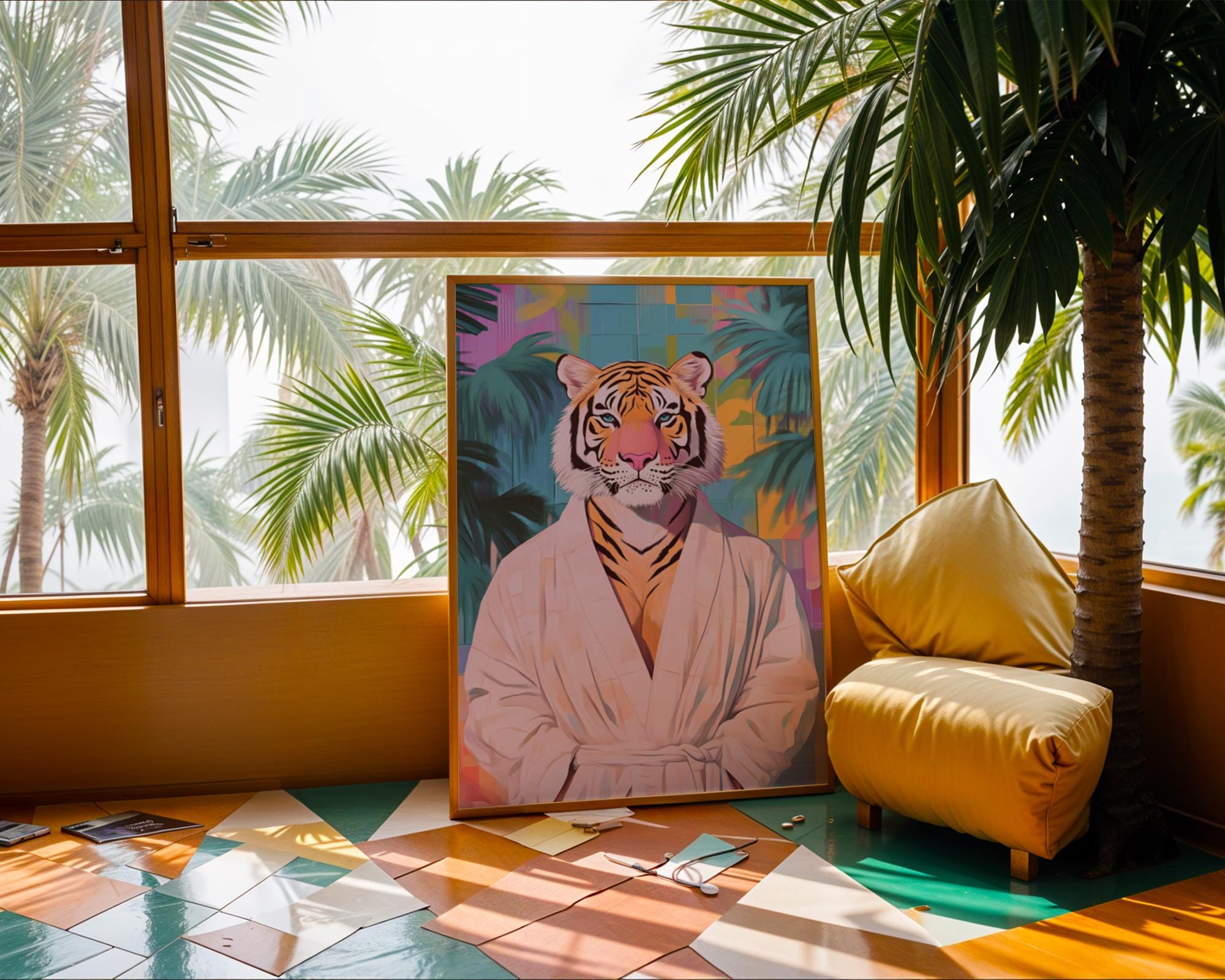 Tiger in Robe Art Print | Quirky Animal Poster wall art print, modern home decor, unframed artwork by Nomad & Nest