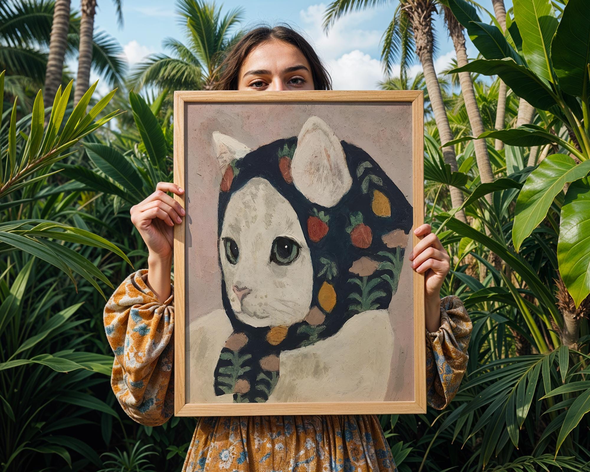 Whimsical Cat Art Print | Cat in Scarf Folk Art Poster wall art print, modern home decor, unframed artwork by Nomad & Nest