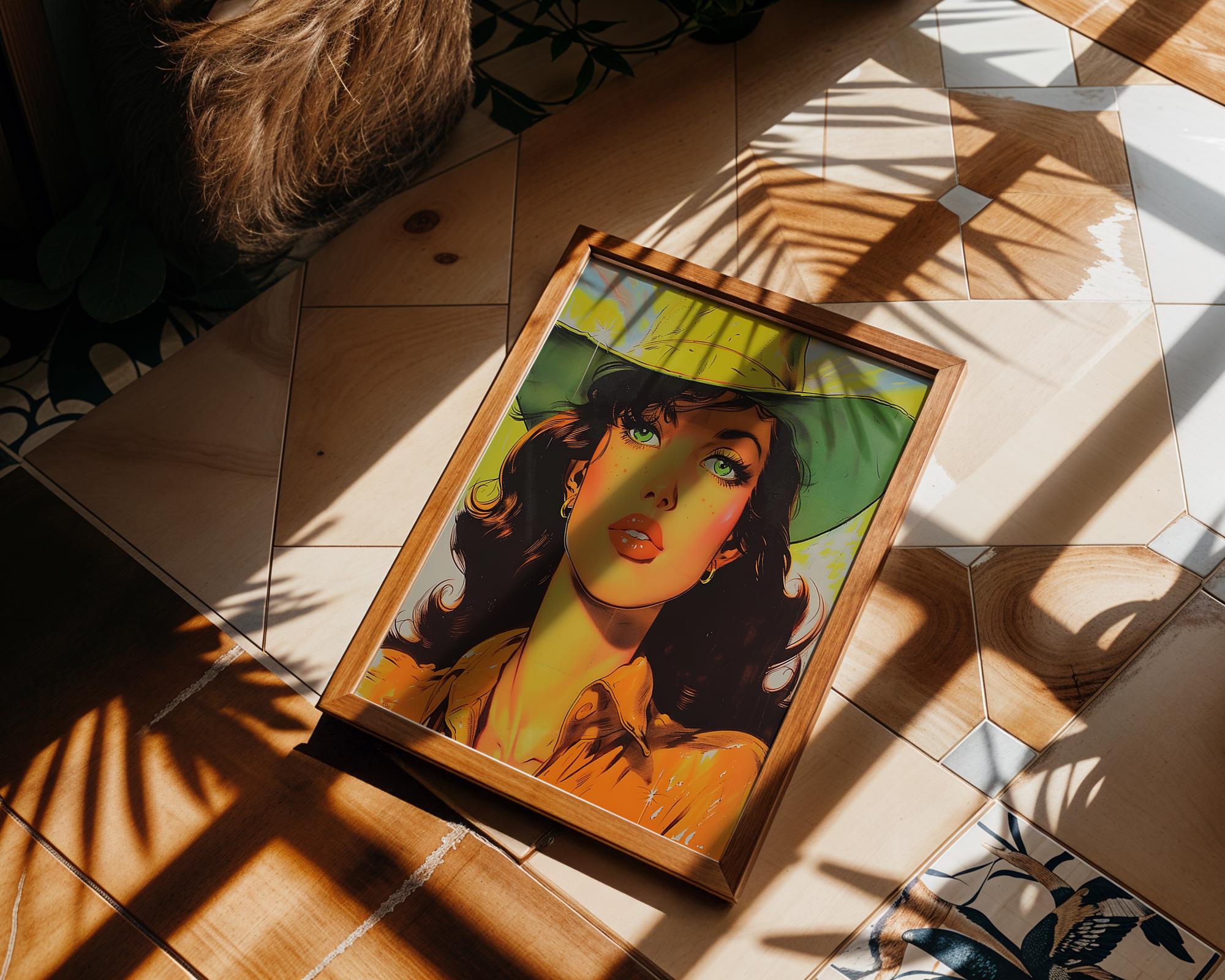 Modern Pop Art | Cowgirl Portrait | Retro Western Woman with Green Hat Poster wall art print, modern home decor, unframed artwork by Nomad & Nest