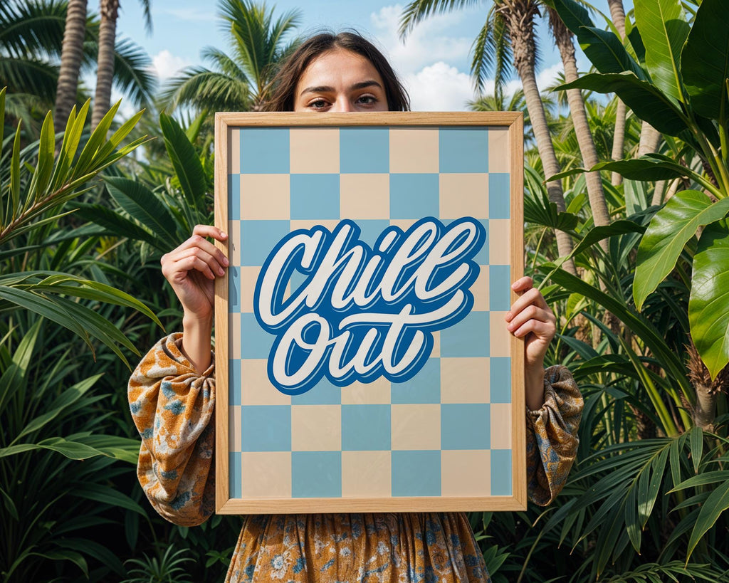 Chill Out Checkered Print | Groovy Blue Beige Retro Wall Art wall art print, modern home decor, unframed artwork by Nomad & Nest