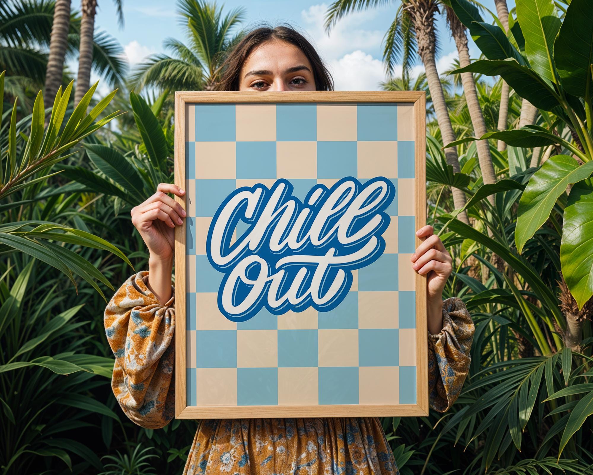 Chill Out Checkered Print | Groovy Blue Beige Retro Wall Art wall art print, modern home decor, unframed artwork by Nomad & Nest