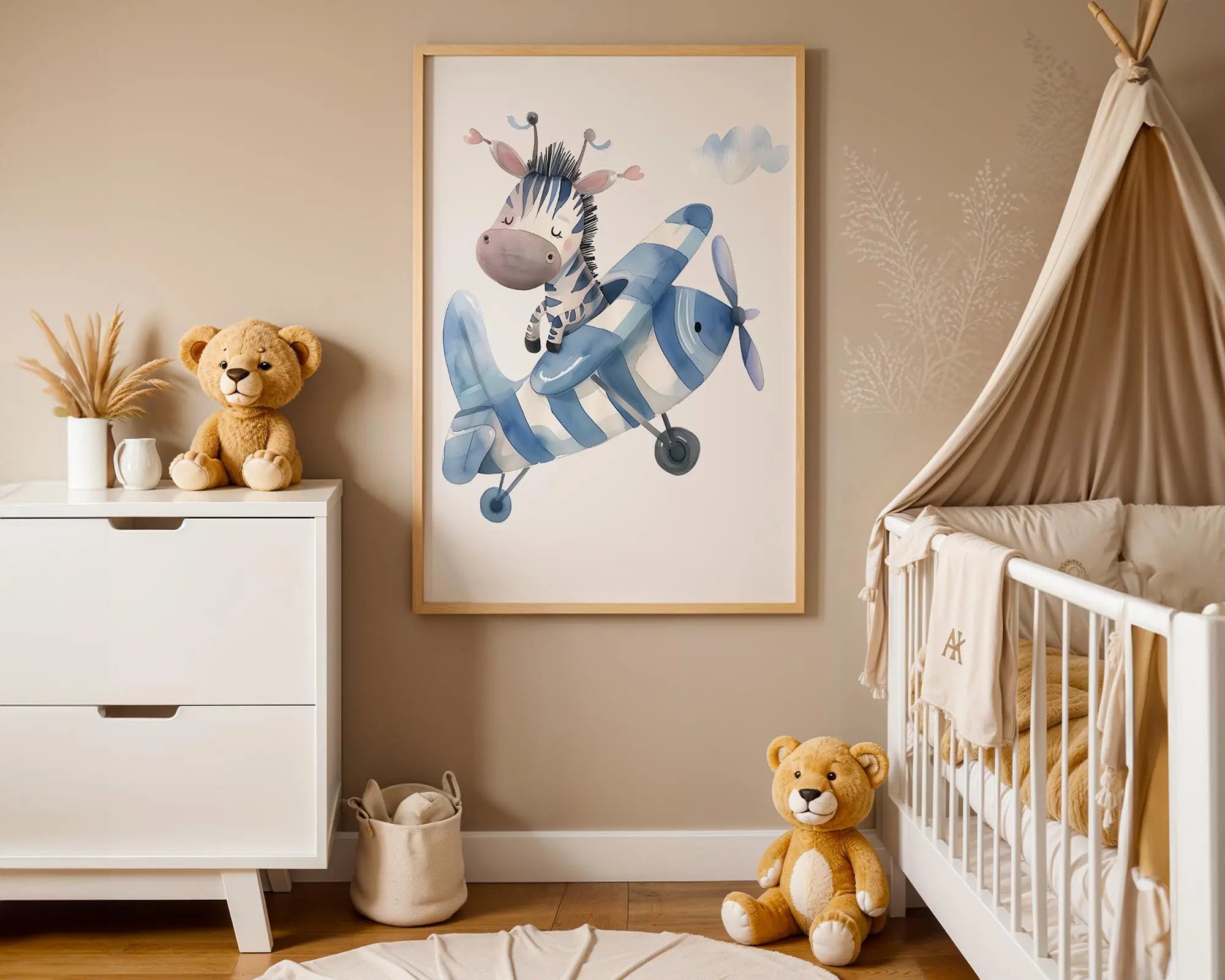 Playroom Ideas | Zebra Plane Nursery Art | Blue Aviation Baby Decor wall art print, modern home decor, unframed artwork by Nomad & Nest