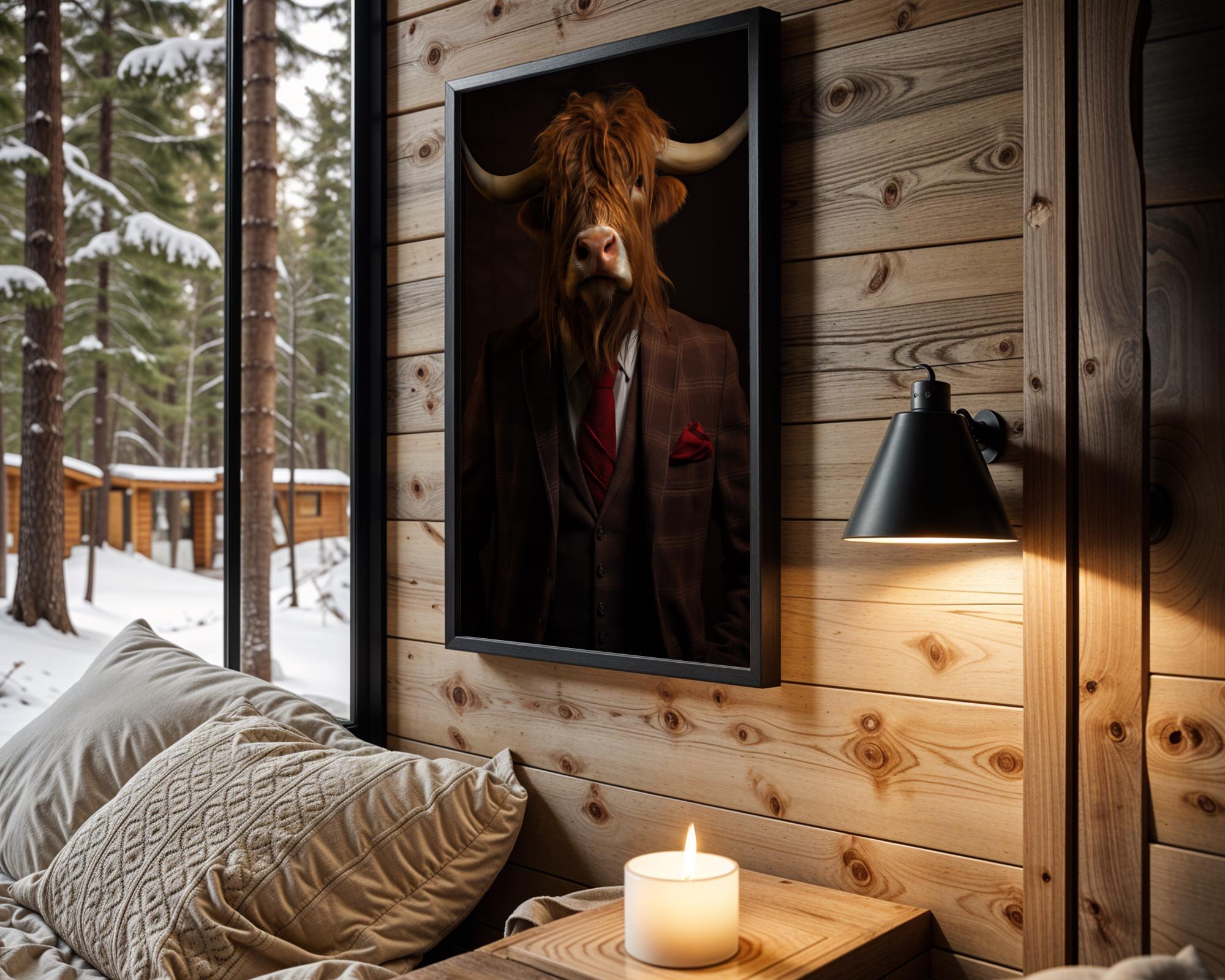 Highland Cow in Red Plaid Suit Print – Quirky Farmhouse Wall Art wall art print, modern home decor, unframed artwork by Nomad & Nest