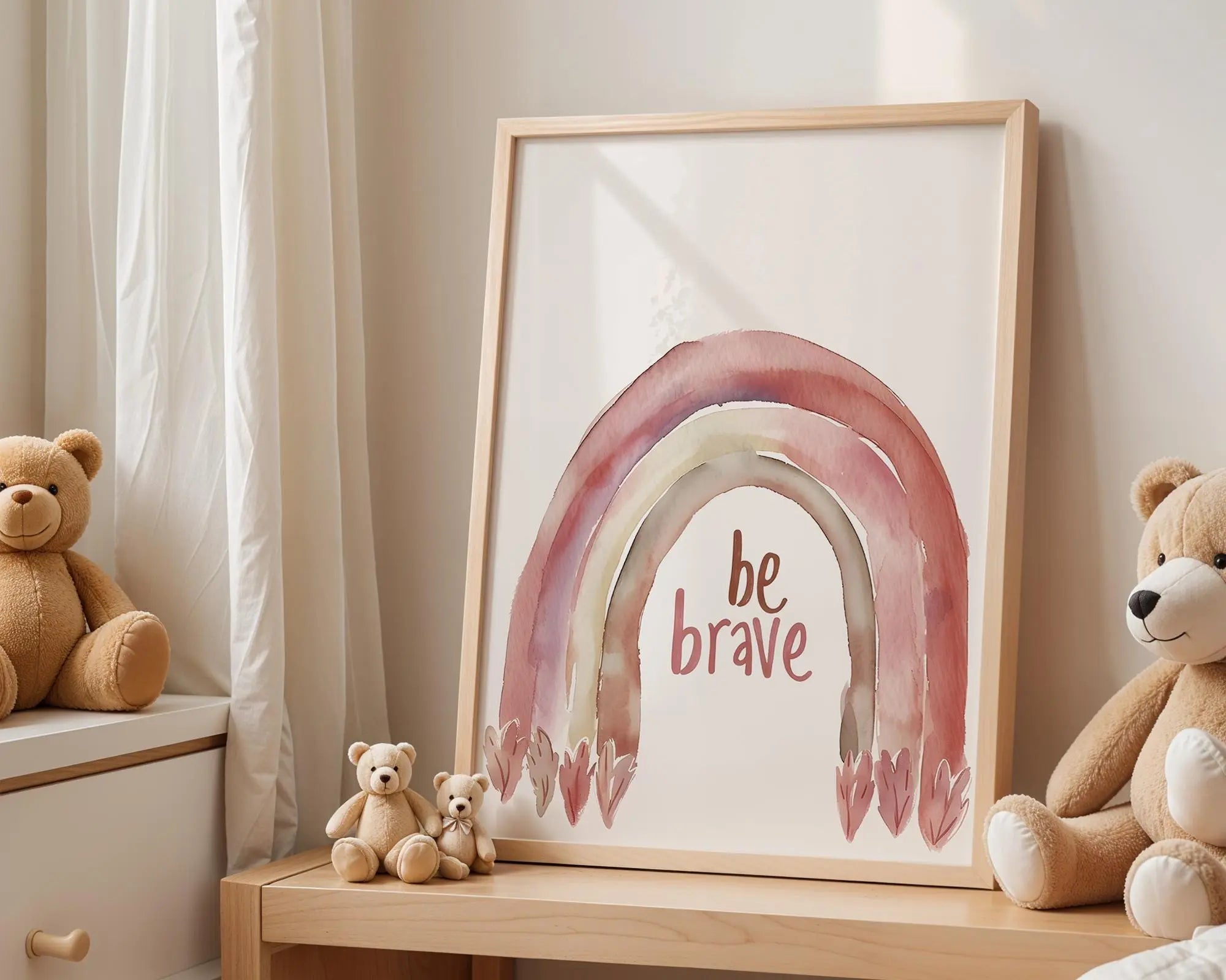 Playroom Ideas | Be Brave Rainbow Nursery Art | Boho Motivational Print wall art print, modern home decor, unframed artwork by Nomad & Nest