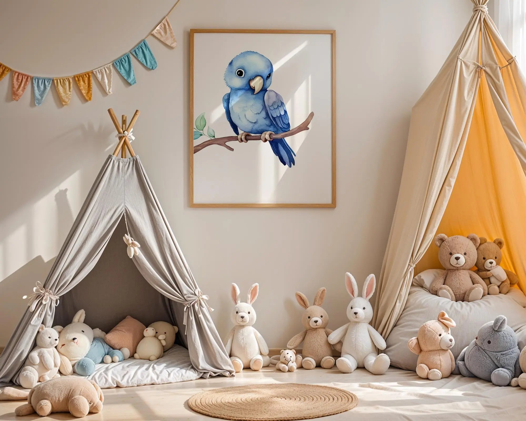 Playroom Ideas | Blue Parrot Nursery Wall Art | Tropical Bird Baby Print wall art print, modern home decor, unframed artwork by Nomad & Nest