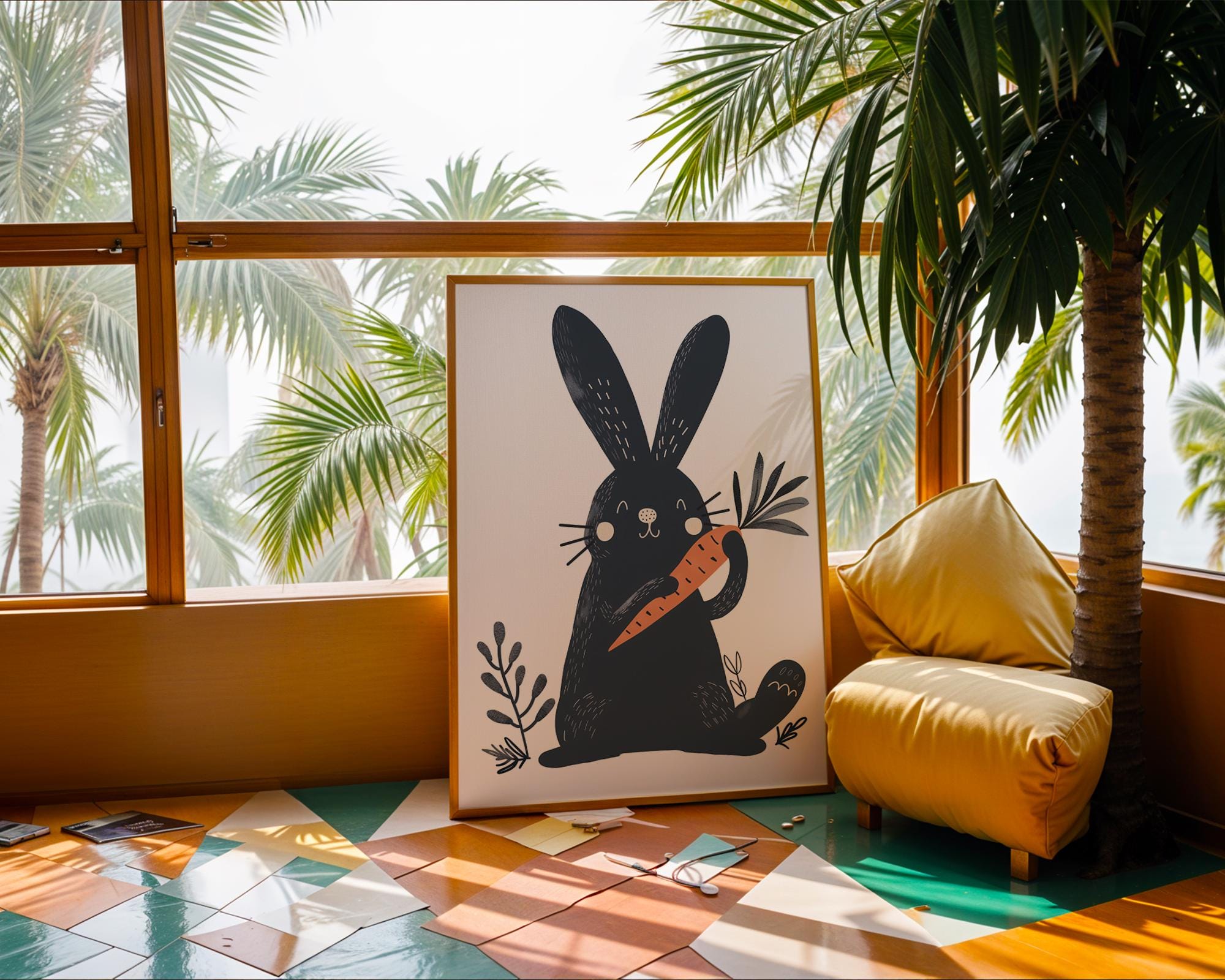 Bunny with Carrot Print | Scandinavian Nursery Art wall art print, modern home decor, unframed artwork by Nomad & Nest