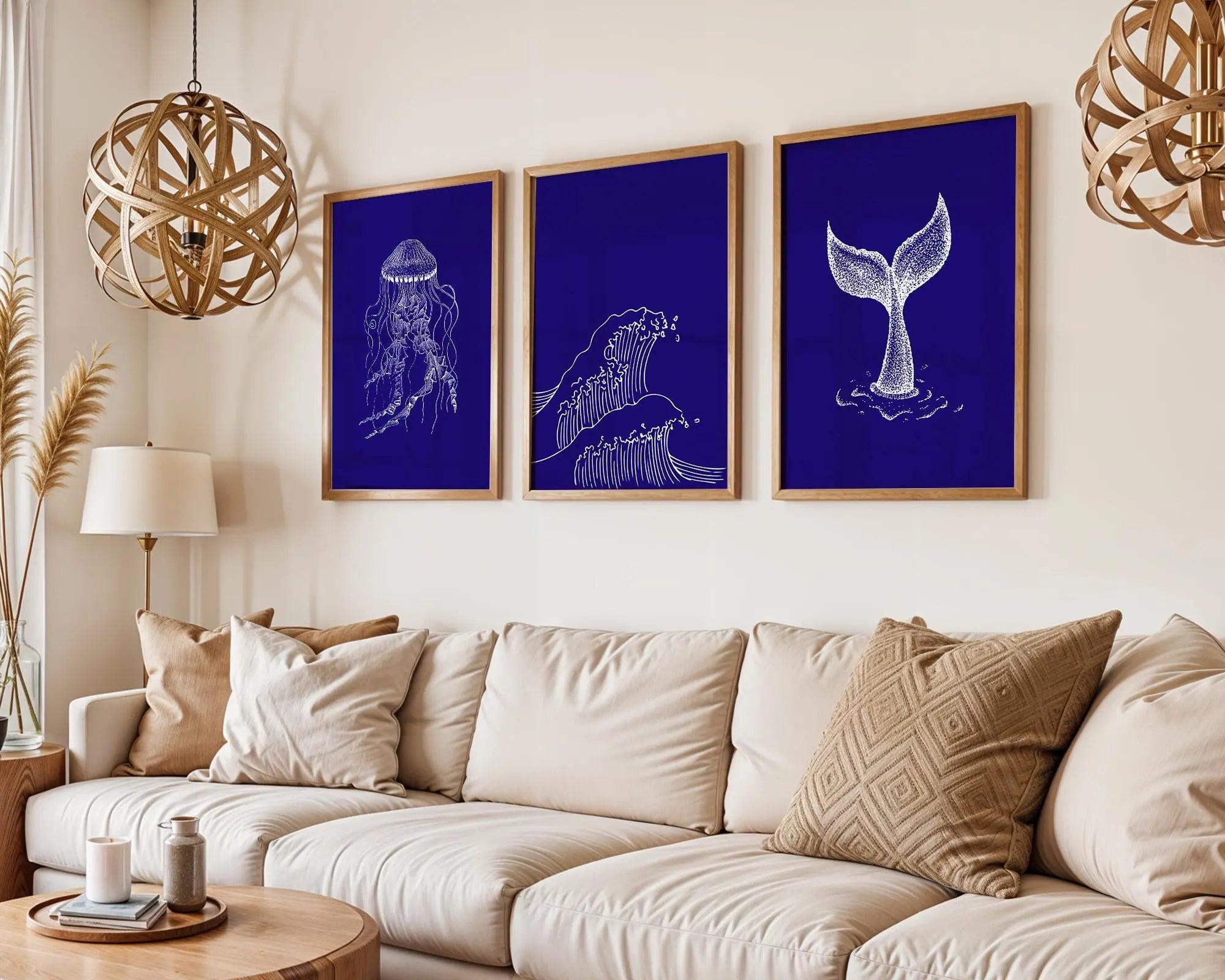 Colourful Prints | Navy Coastal Line Art Print Set | Jellyfish, Whale Tail, Wave wall art print, modern home decor, unframed artwork by Nomad & Nest