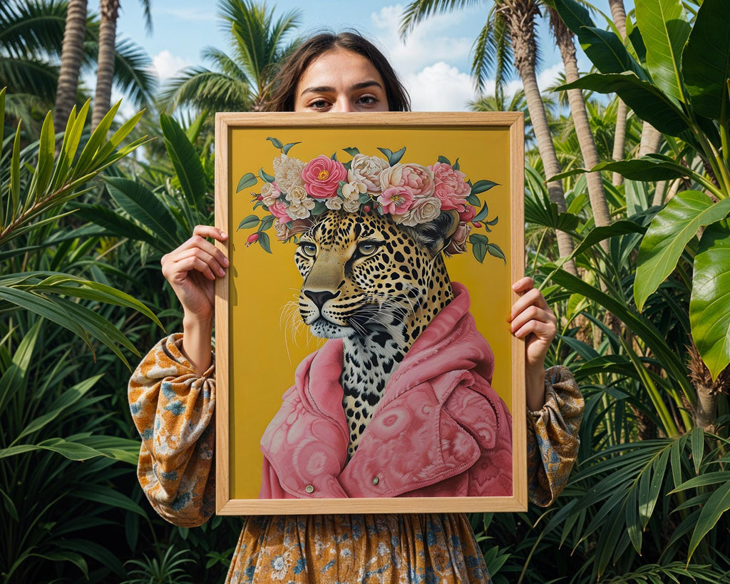 Colourful Prints | Floral Leopard Art Print | Pink Coat, Jungle Queen Portrait wall art print, modern home decor, unframed artwork by Nomad & Nest