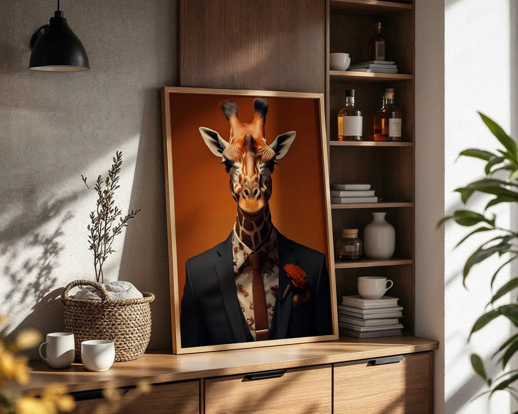 Giraffe in Suit Wall Art – Floral Shirt & Orange Tie, Modern Anthropomorphic Animal Print wall art print, modern home decor, unframed artwork by Nomad & Nest