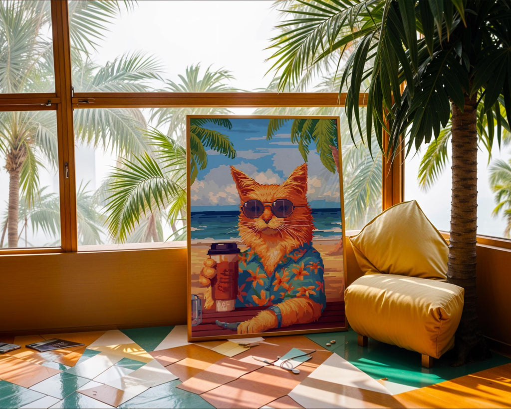 Retro Cat Beach Print | Funny Feline Summer Holiday Poster wall art print, modern home decor, unframed artwork by Nomad & Nest
