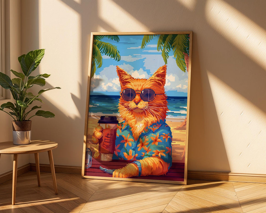 Retro Cat Beach Print | Funny Feline Summer Holiday Poster wall art print, modern home decor, unframed artwork by Nomad & Nest
