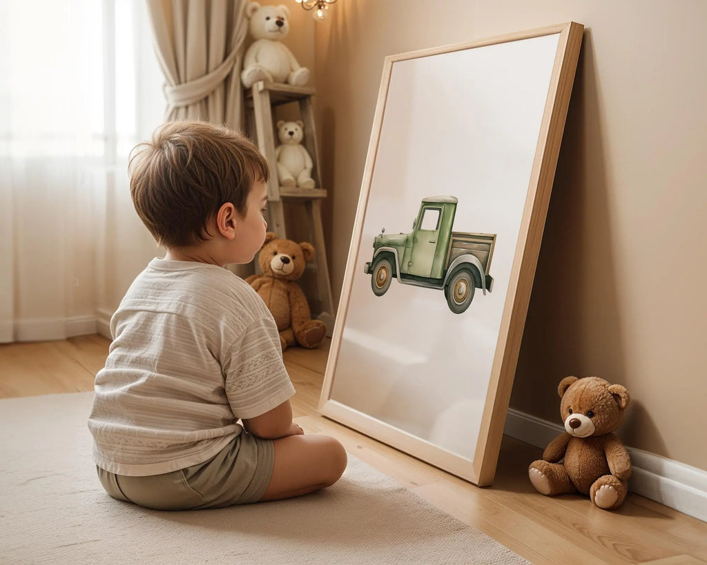 Playroom Ideas | Vintage Green Truck Nursery Wall Art Classic Vehicle Print wall art print, modern home decor, unframed artwork by Nomad & Nest