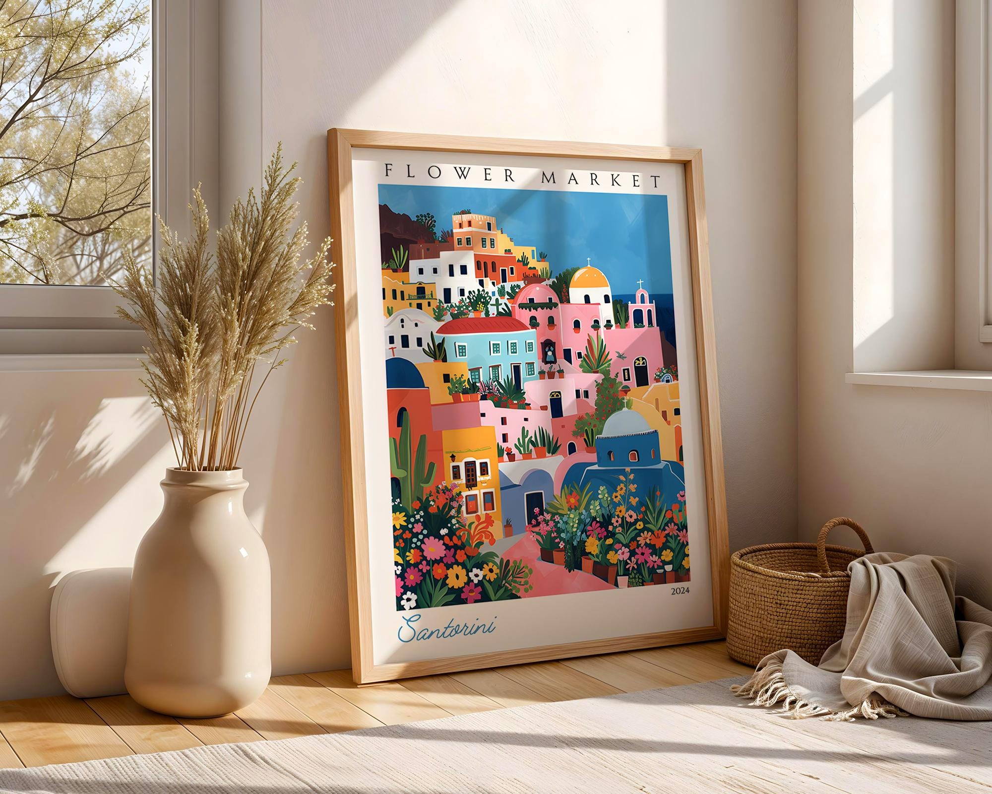 Santorini Flower Market Art Print | Colourful Greek Island Travel Poster wall art print, modern home decor, unframed artwork by Nomad & Nest