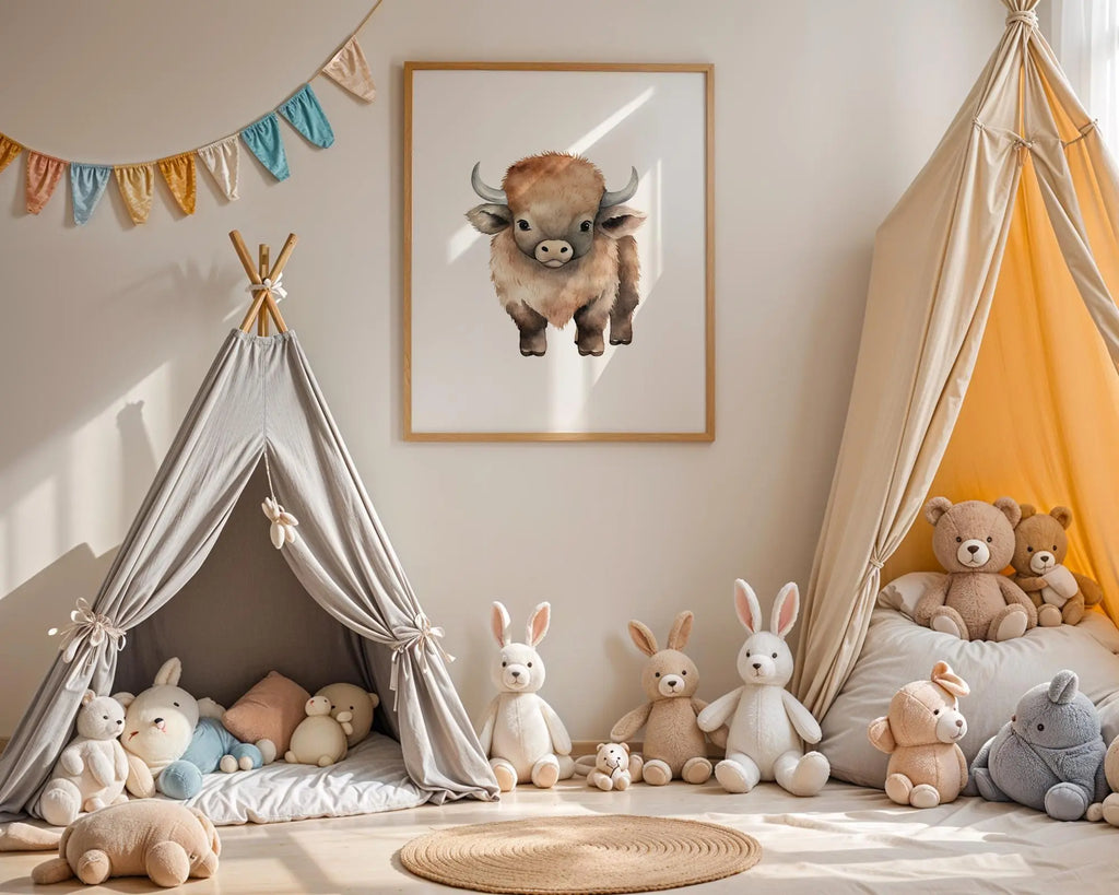 Playroom Ideas | Bison Nursery Wall Art | Woodland Animal Baby Decor wall art print, modern home decor, unframed artwork by Nomad & Nest